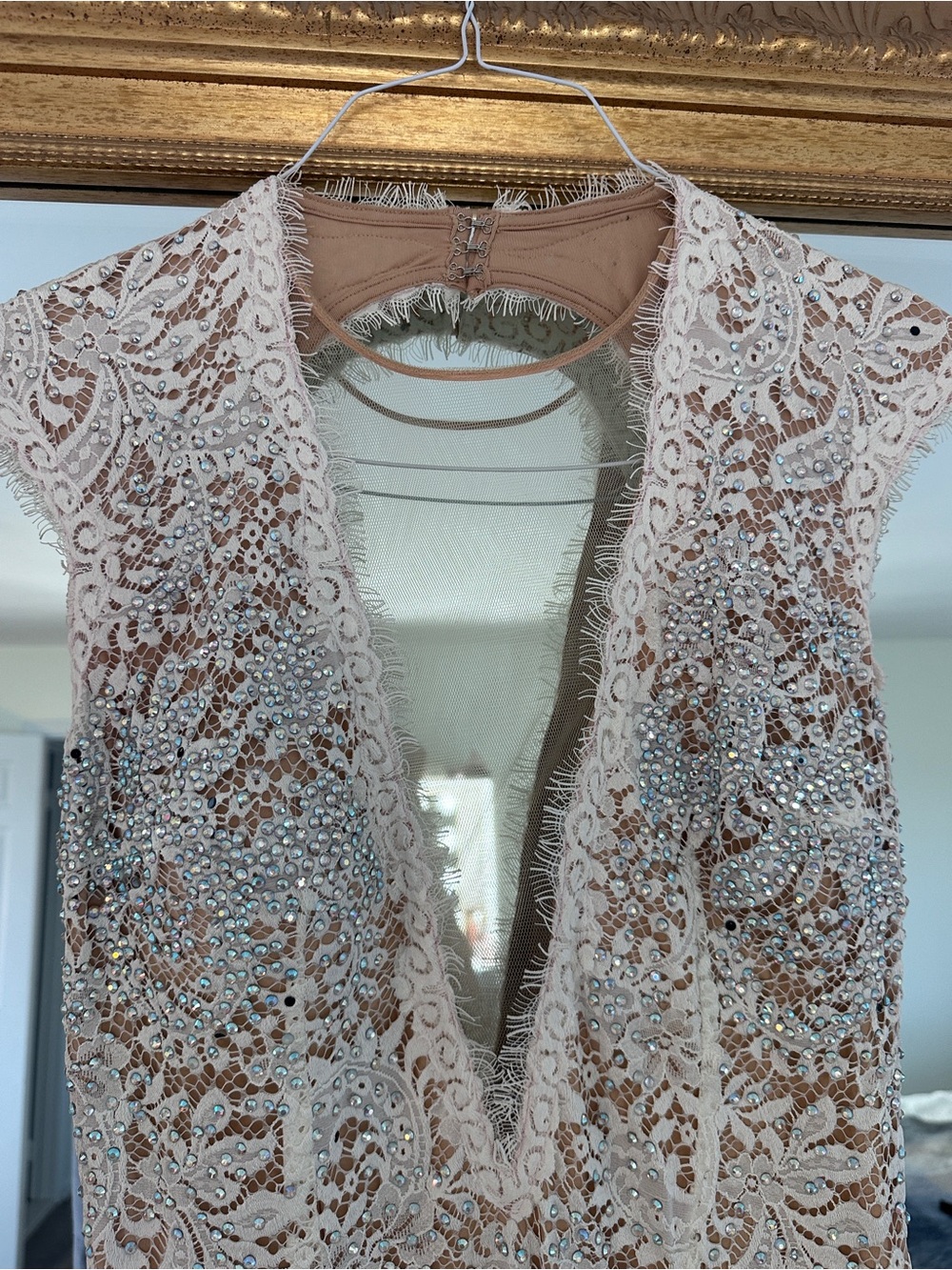 Jovani iEmbellished Nude Lace V-Neck Dress